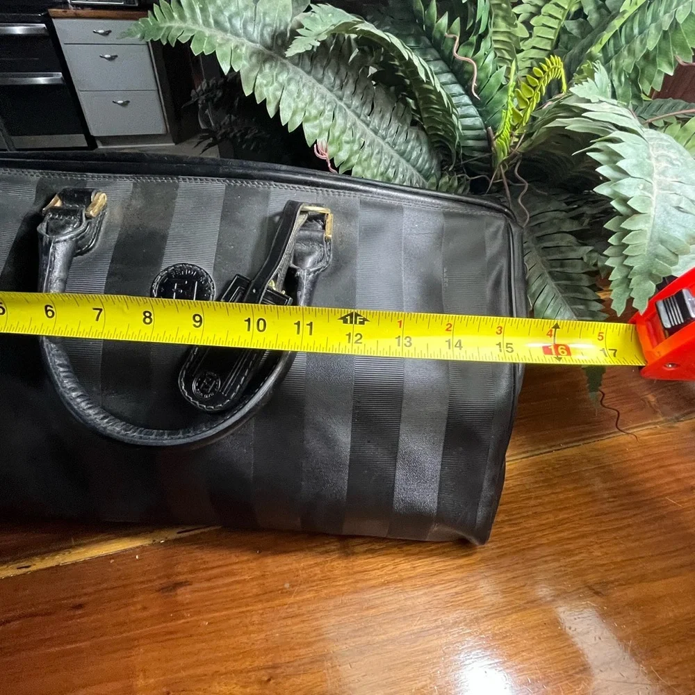 Fendi Black Striped Duffel Bag travel with strap. Convertible Boston bag